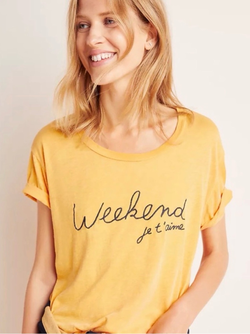 SUNDRY Anthropologie Embroidered French “Weekend I Love You” T-Shirt SZ XL